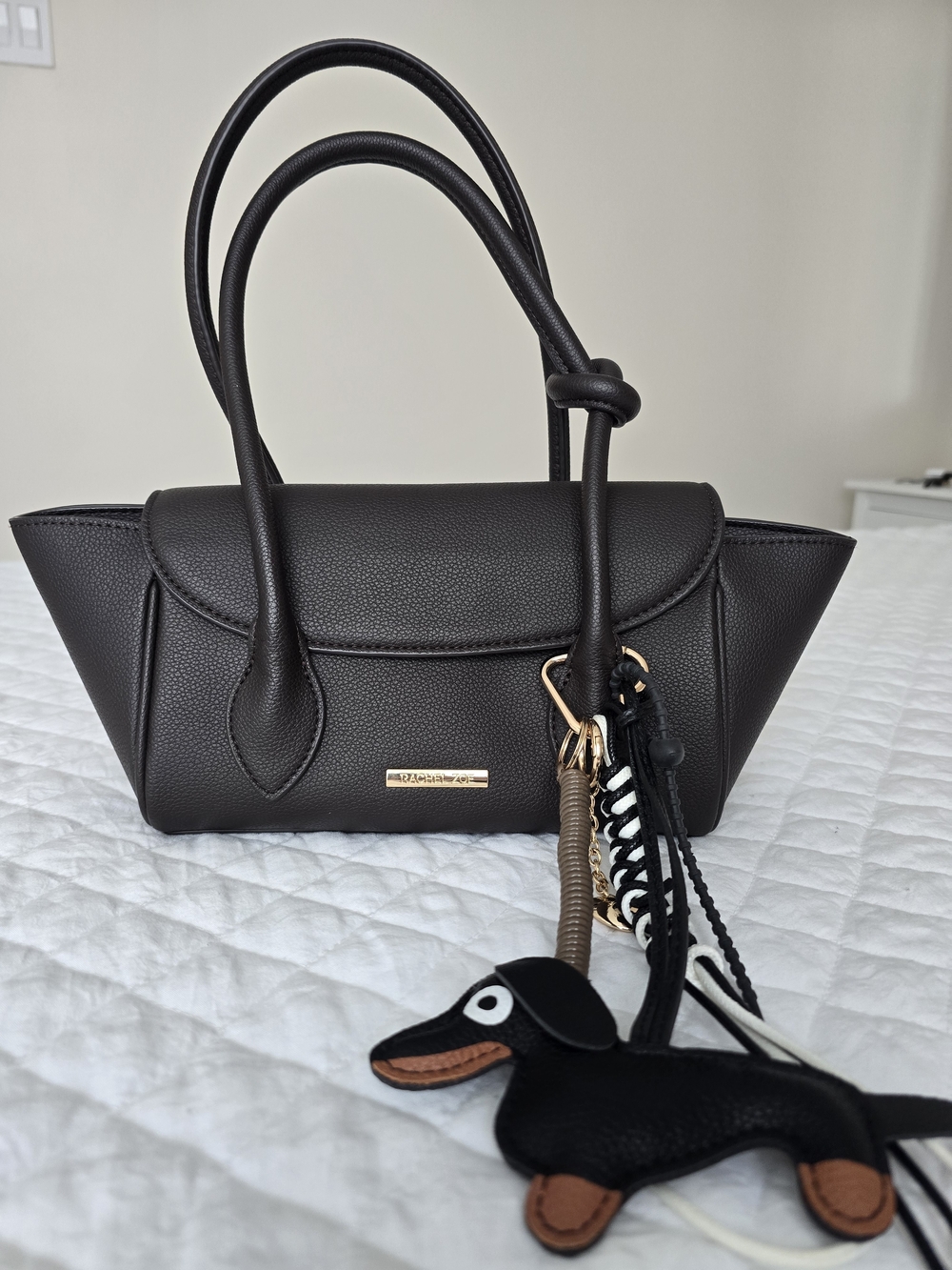Rachel Zoe Dark Brown Pebbled Satchel with Playful Dachshund Charm